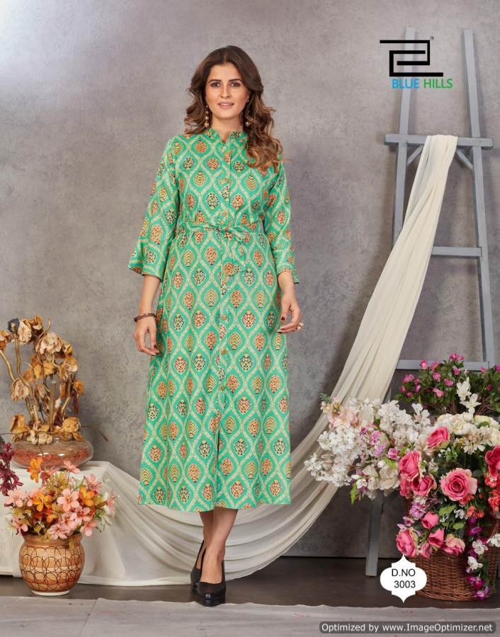 Blue Hills Belt 3 Fancy Party Wear Printed Rayon Designer Long Kurti Collection